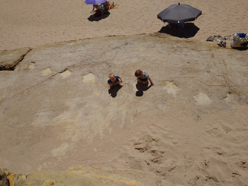 Walking in the footsteps of dinosaurs: op Salema beach kun je de voetstappen van een grote op twee poten lopende dino bewonderen (waarschijnlijk gaat het om een Iguanodont uit het Onder Krijt). Uniek is dat je letterlijk een meter ernaast je parasol op zet en aan de stranddag begint. Mijn kinderen geven een indruk van de schaal.